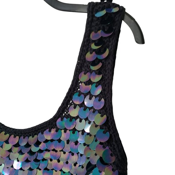 JoosTricot Black Rainbow Sequin Crochet Mini Rave Dress Retro Y2K Mermaid Disco - Picture 6 of 11